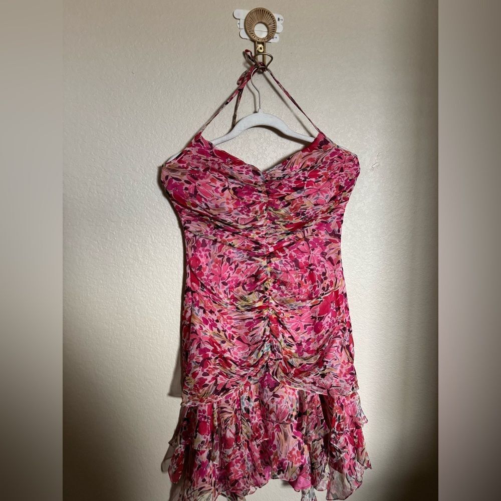 Vintage Y2K‎ Muse Asymmetrical Draped Floral Silk Halter Midi Dress Sz 6 Pink
